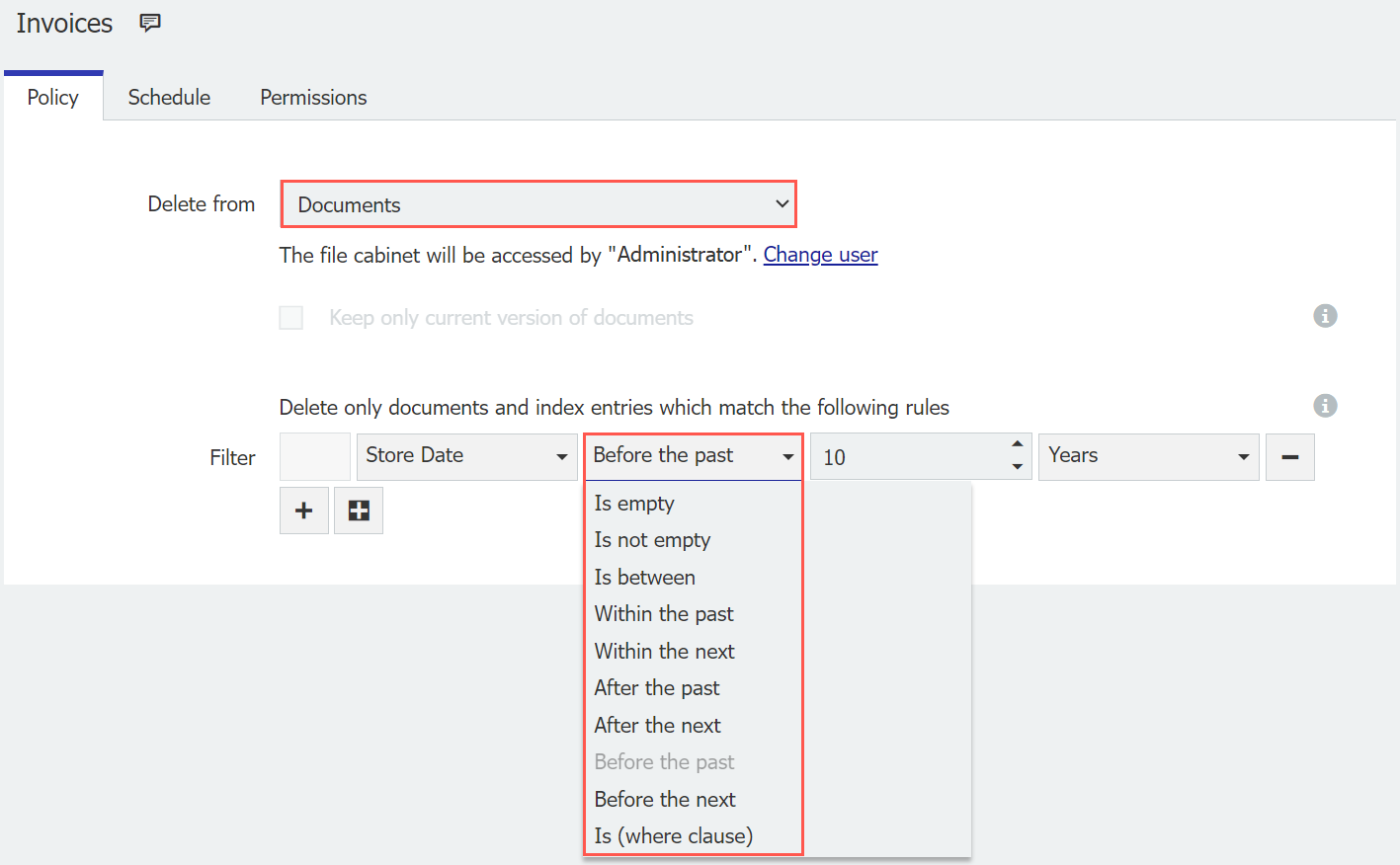 Defining deletion criteria